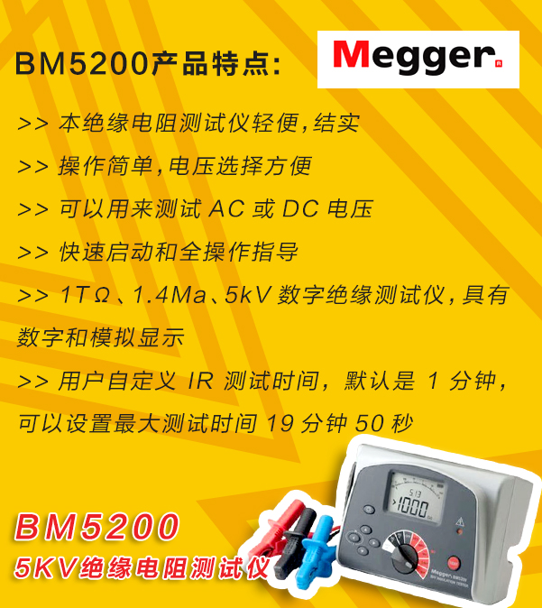 MEGGER,<a href='http://m.bangwoyin.com/tongyi.html'>絕緣電阻</a>測試儀,BM5200